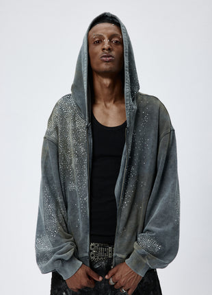 Rhinestone Washed Zip-Up Hoodie