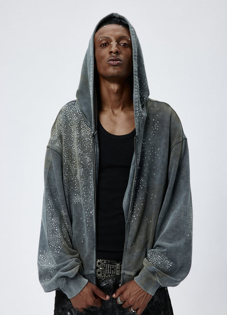 Rhinestone Washed Zip-Up Hoodie