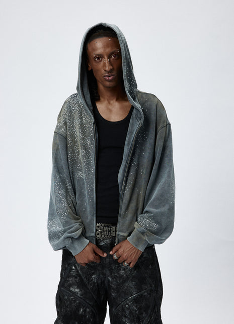 Rhinestone Washed Zip-Up Hoodie
