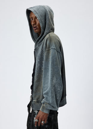 Rhinestone Washed Zip-Up Hoodie